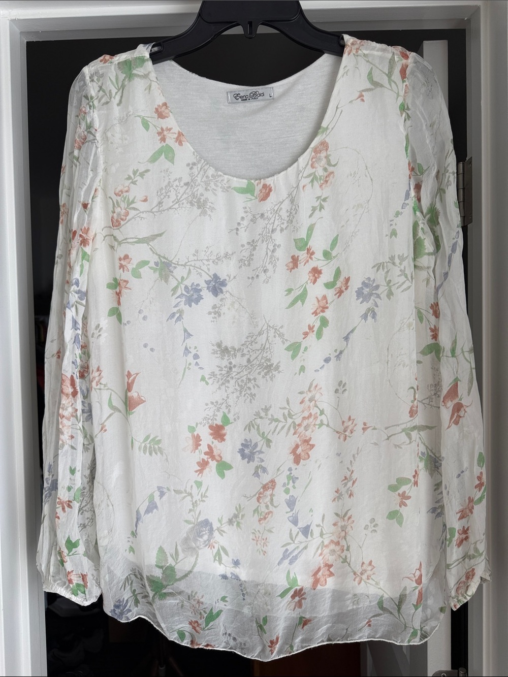 Lightweight White Scoop Neck Floral Blouse by Eco & Co.